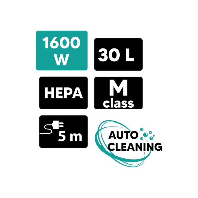 Građevinski usisavač s auto. tresilom 1600W, 30L, HEPA, M-klasa - Slika 13